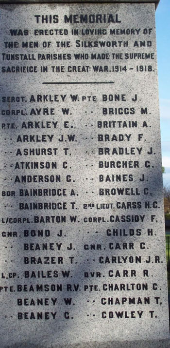 The First World War Commemorations on the Silksworth War Memorial.