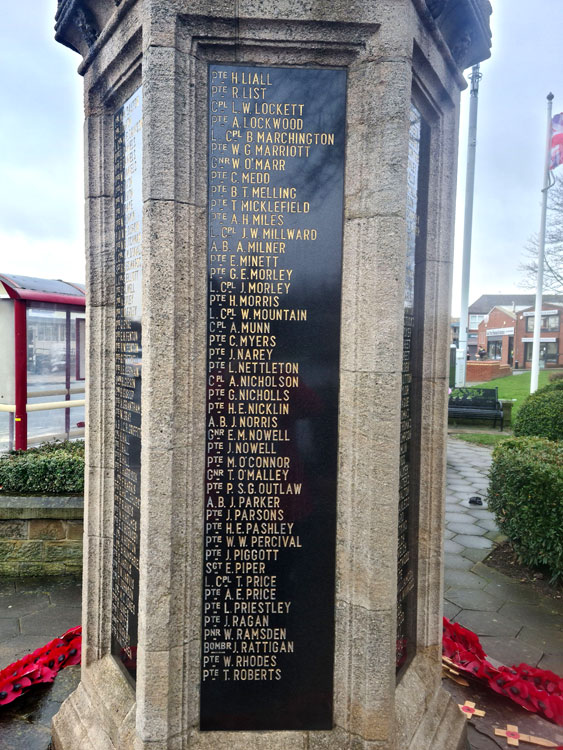Privates J Parson's and W Rhodes names on the War Memorial for South Elmsall and Moorthorpe