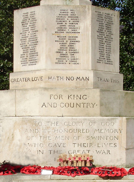 Frank Firth's Name as it appears on the Swinton (South Yorkshire) War Memorial, top left