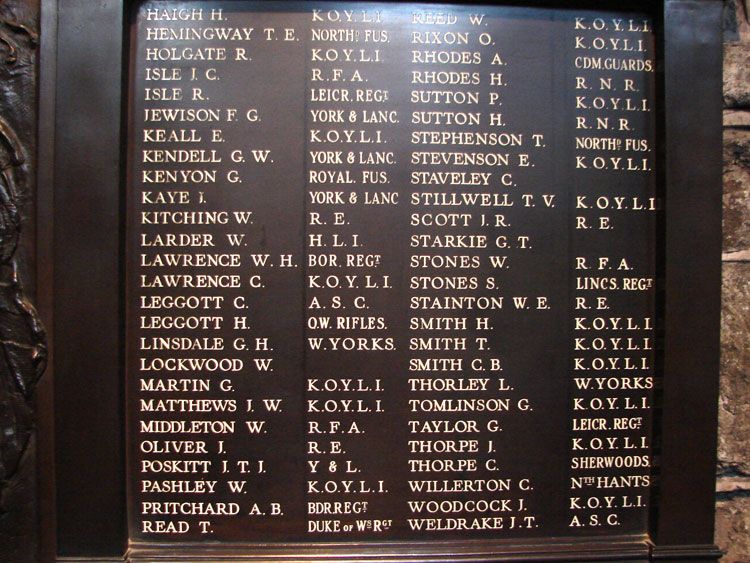 Names "H" - "W" on the First World War Memorial in St. Nicholas' Church, Thorne