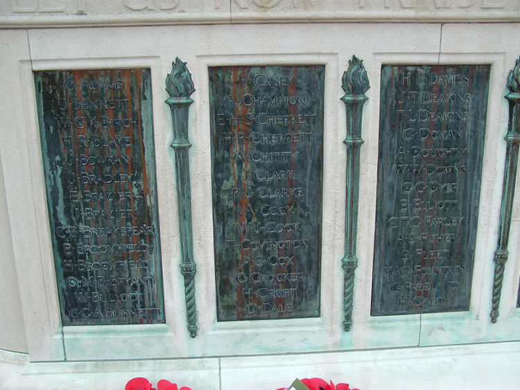 The Three Leftmost Panels on the Walton-on-Thames First World War Memorial, including Major Birch's Name