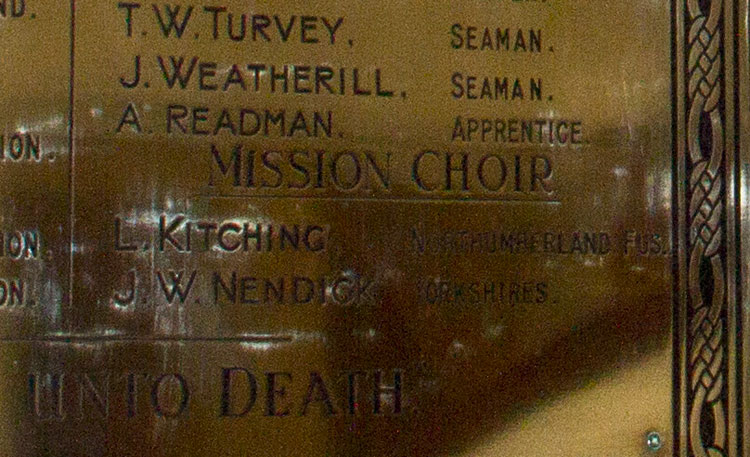 Private Nendick's Name on the Whitby Mission's Roll of Honour