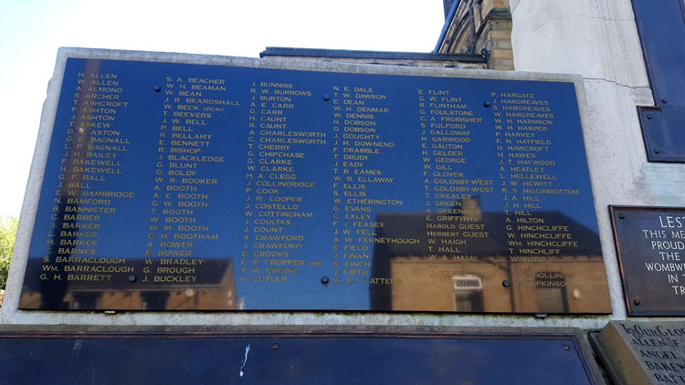 First World War Commemorations, Names "A" - "H", on the Wombwell War Memorial