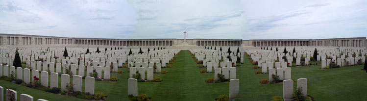 Panoramic view of the Pozieres Memorial surrounding the Pozieres British Cemetery