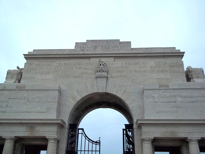 The entrance gateway to the Pozieres Memorial and Pozieres British Cemetery