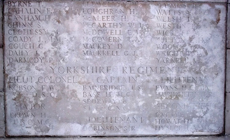 The oanel with the names of Officers of the Yorkshire Regiment on the Pozieres Memorial. 