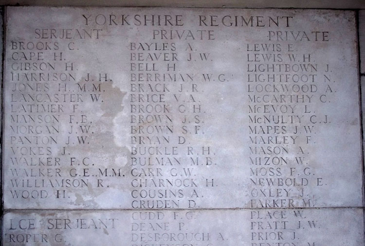 Panel 1 with the names of Other Ranks of the Yorkshire Regiment on the Pozieres Memorial. 