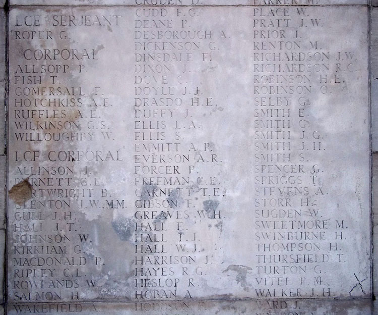 Panel 2 with the names of Other Ranks of the Yorkshire Regiment on the Pozieres Memorial. 
