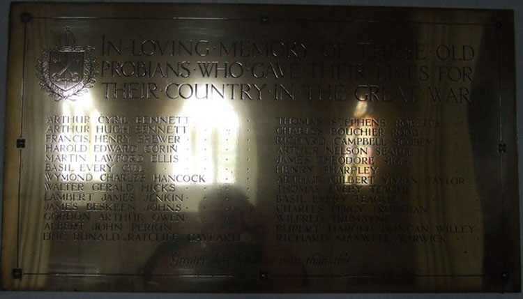 The Old Probians War Memorial in the Church of St. Probus and St. Grace, Probus (Cornwall)
