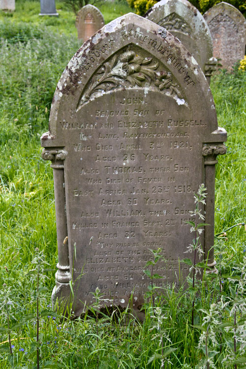 The Russell Family Headstone in Redmire (St. Mary's) Churchyard, on which Thomas and William are Commemorated.
