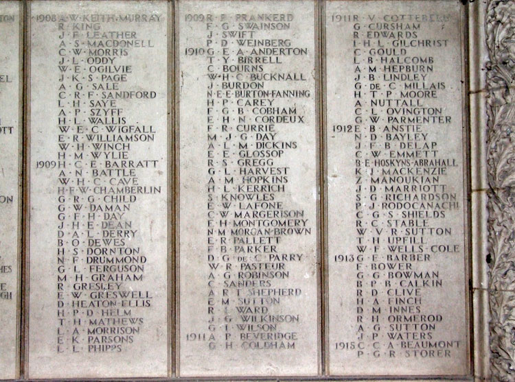 Names for School Leavers, 1908 - 1915 who lost their lives in the First World War.