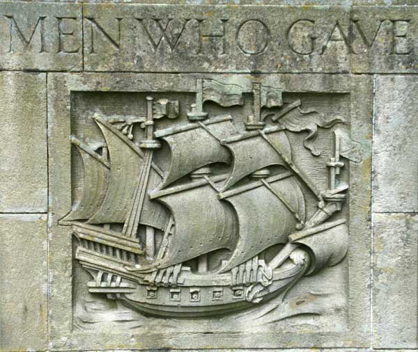 The carving of a galleon on the base of the Friary Gardens War Memorial