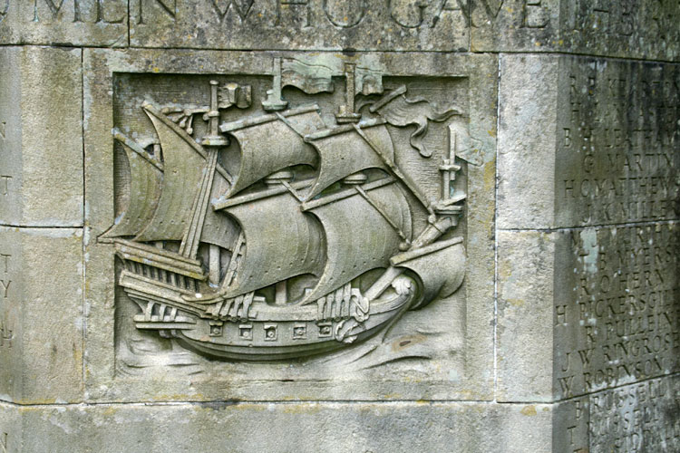 The carving of a galleon on the base of the Friary Gardens War Memorial