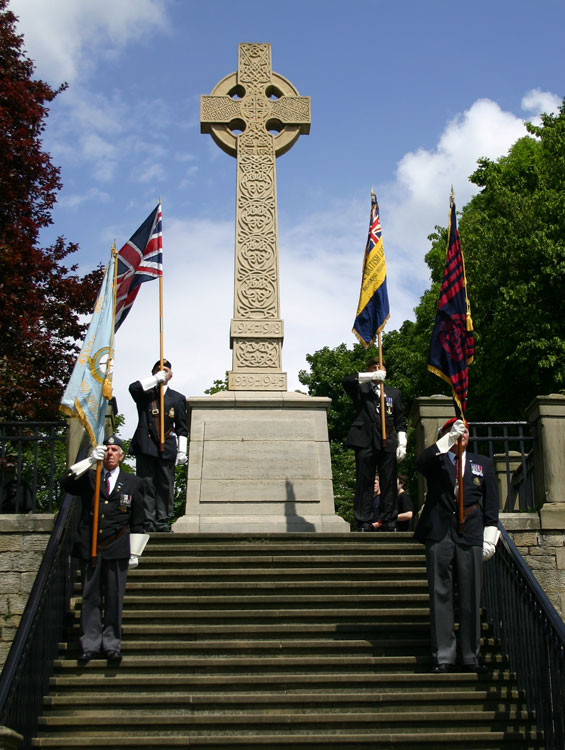 The Gallowgate War Memorial, with Standard Bearers of the British Legion at the service for the Commemoration of D-Day in 2004.