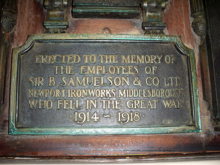 The Dedication on the War Memorial in Samuelsons Workingmans Club, Middlesbrough