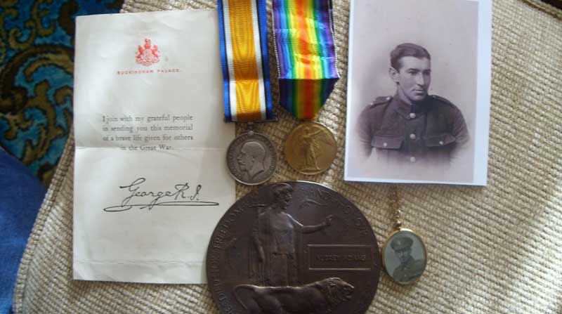 Private Aubrey Adams medals (the British War medal and the Victory Medal) and the bronze Memorial Plaque with commemorative scroll.