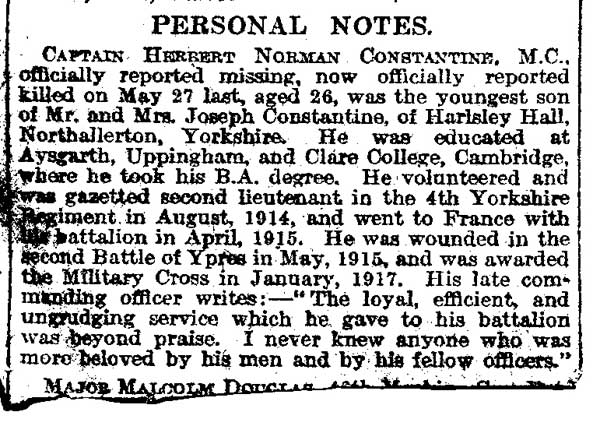 Captain H N Constantine's obituary published in a local newspaper