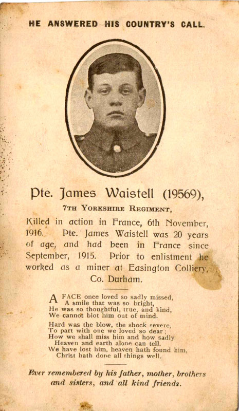 Private James WAISTELL, 19569. 7th Battalion the Yorkshire Regiment.