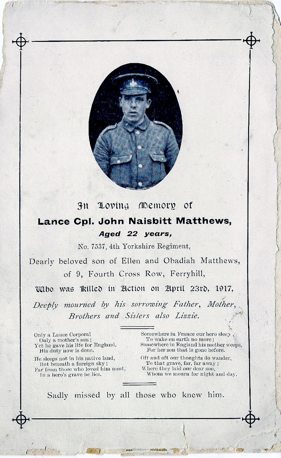 The Memorial Card for John Naisbitt Matthews