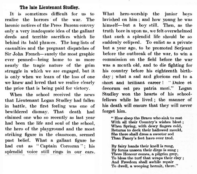 "Logan Studley", - from the Madras College Magazine, 1915.