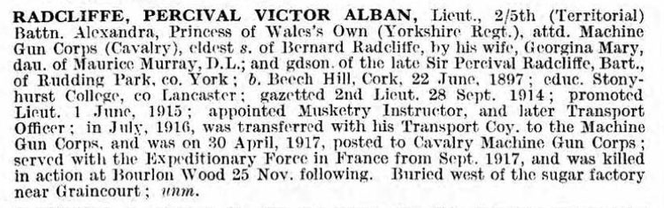 Lieutenant Percival Victor Alban RADCLIFFE.