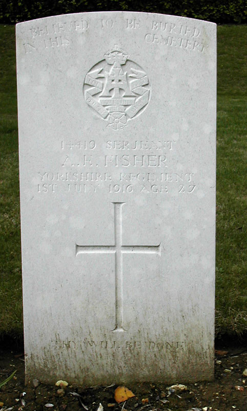The Headstone for Serjeant Albert Edward Fisher in the Fricourt British Cemetery.