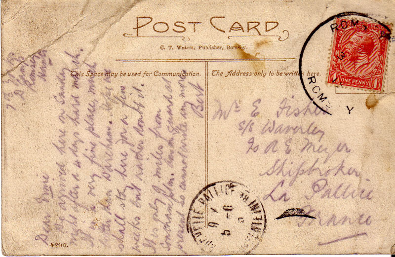 A postcard written by Serjeant Fisher while in camp at Romsey, Hants (1915) - 1