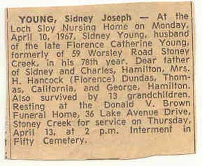 death notice for Private Sidney Joseph Young