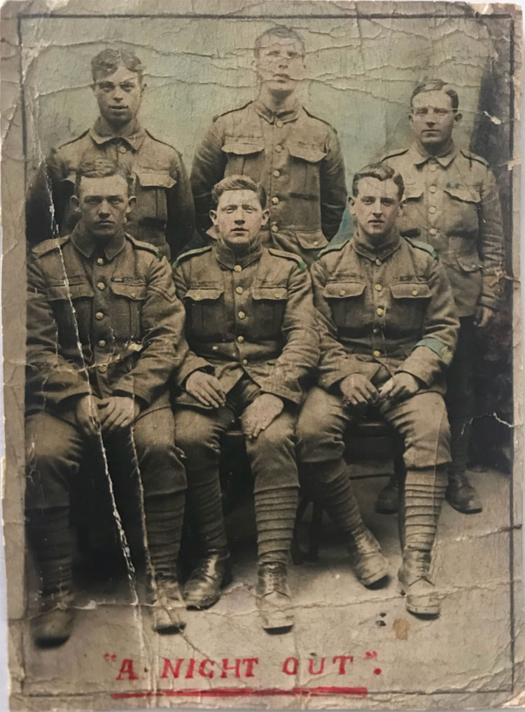 A photo showing 6 soldiers (of the Yorkshire Regiment?), with Private Hood seated lower right