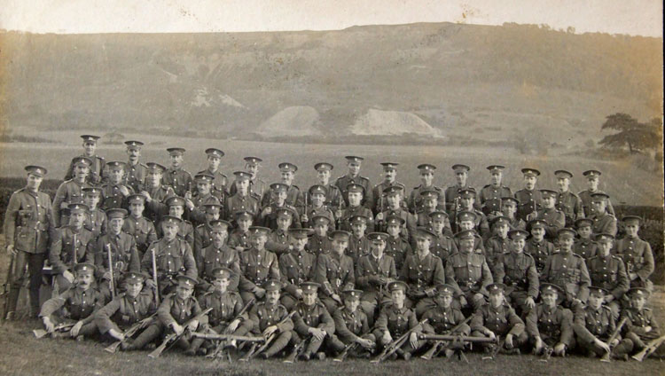 William Stockdale, - 5th from the right in the 3rd row from the front, with a group of soldiers from the Yorkshire Regiment, West Yorkshire Regiment, and Grenadiers. The two instruments in the foreground are range finders. Clearly, this group of men will have been on a course in using range finders.