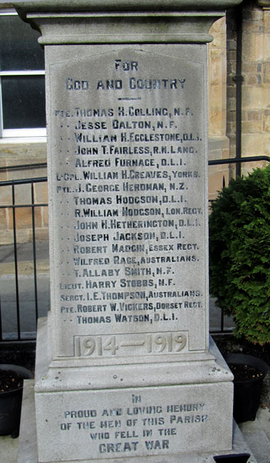 Names from the First World War on the St. John's Chapel War Memorial