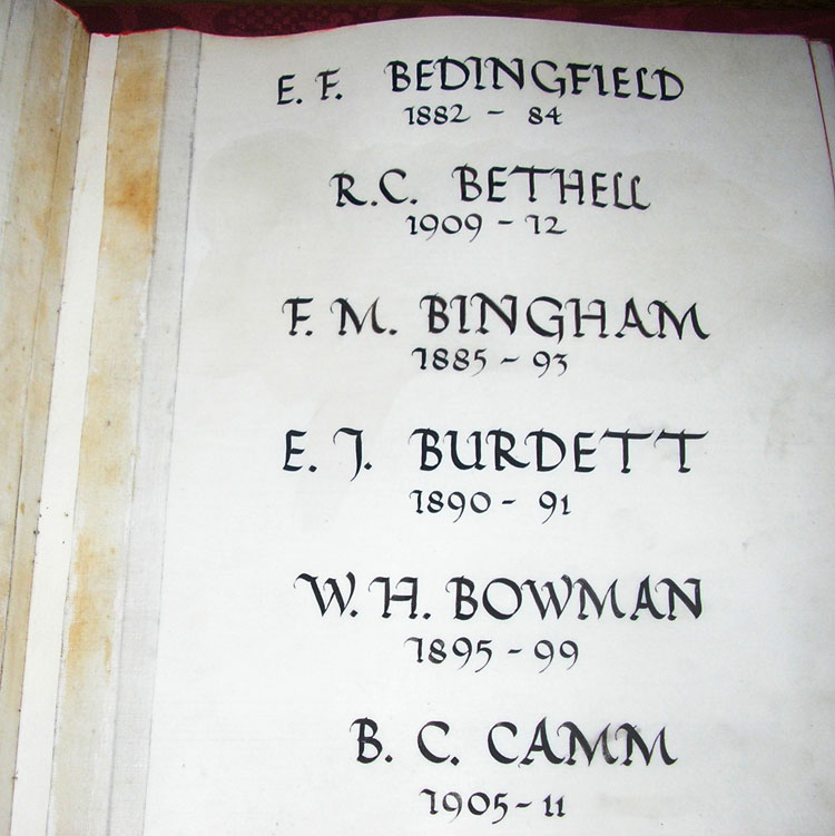 The Names of Richard Bethell and Bertram Camm in the Commemorative Book in St. Peter's School, York