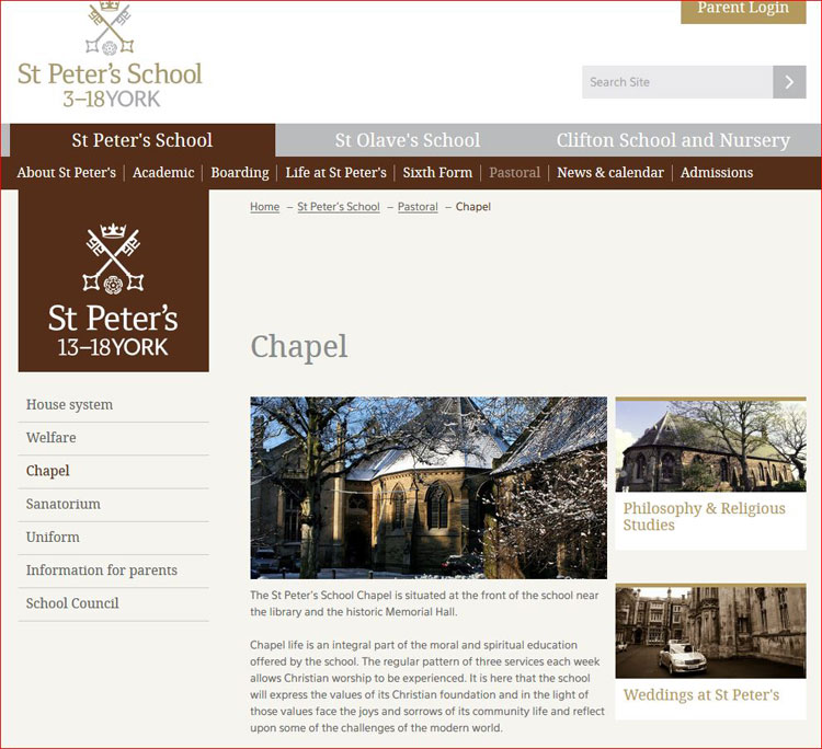 The page for the Chapel from the Website for St. Peter's School