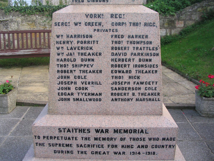 Soldiers' names on the Staithes War Memorial.