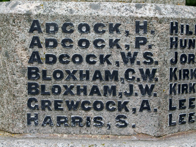 The Names of the Bloxham Brothers and Sidney Harris on the War Memorial for Stoke Golding (Leicestershire)