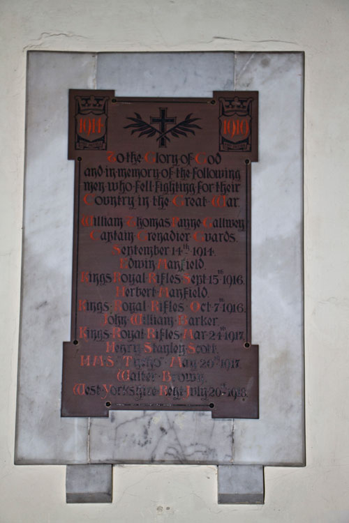 The First World War Memorial in All Saints' Church, Thirkleby