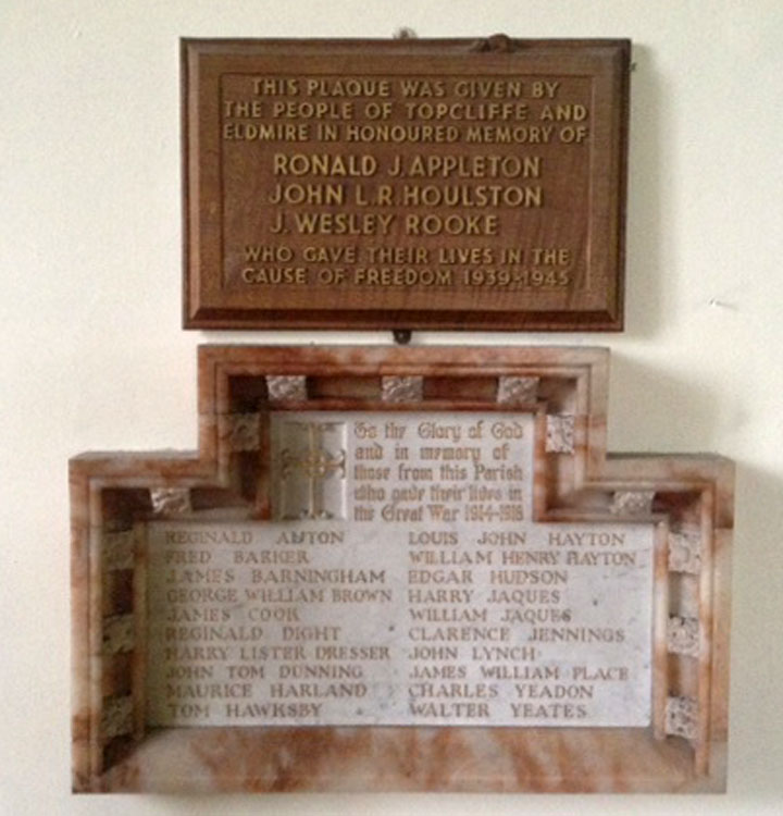 The War Memorial in St. Columba's Church, Topcliffe.