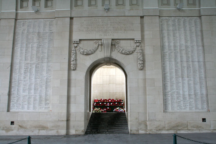 A view inside the Menin Gate Memorial (Right-hand side, when looking towards the Town Hall). The panels commemorating the men of the Yorkshire Regiment are to be found to the left of the entrance-way seen here, up the stairs.
