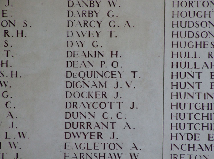 (de)Quincey's Name on the Ypres (Menin Gate) Memorial