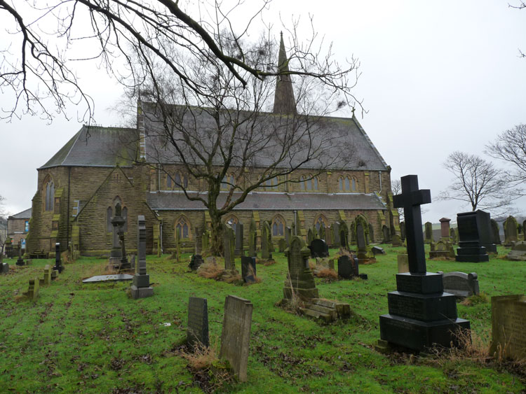 St. John the Baptist Churchyard and Church, Baxenden. Private Johnson's Headstone in the right foreground.