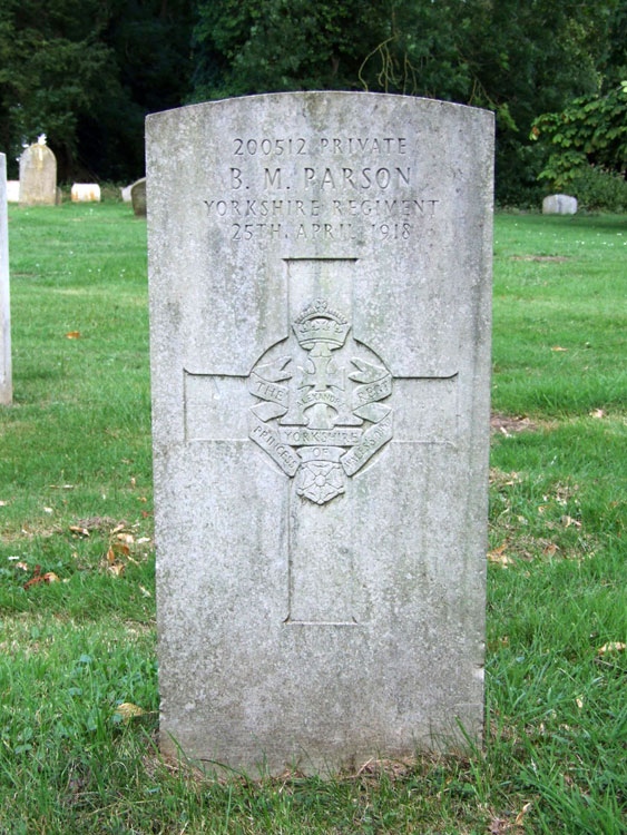 Private Parson's Headstone in Ingham (St. Bartholomew) Churchyard.