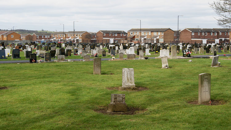 Private Pott's grave (centre) in Sunderland (Southwick) Cemetery