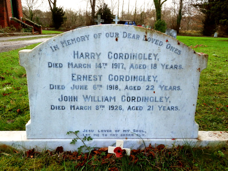 Yarm Cemetery. The headstone commemrating the three Cordingley brothers.