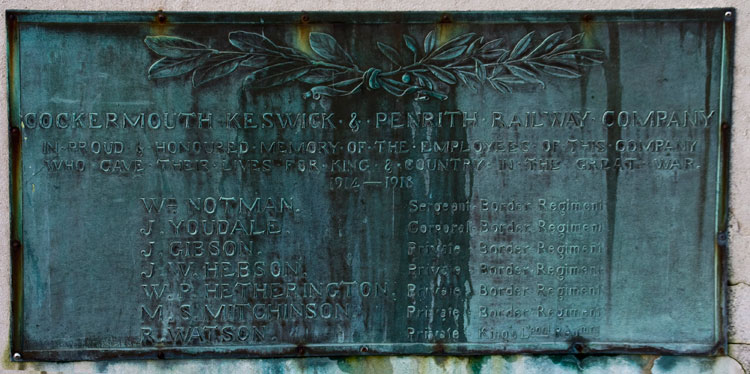 The Names of the Men of the Cockermouth, Keswick & Penrith Railway Company on the Memorial for Keswick, Cumbria.