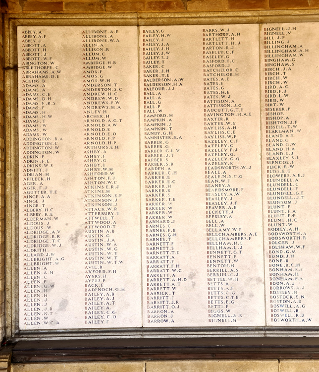 Commemorations "Ab - Bo" in the Colonnade of the Northampton Garden of Remmembrance