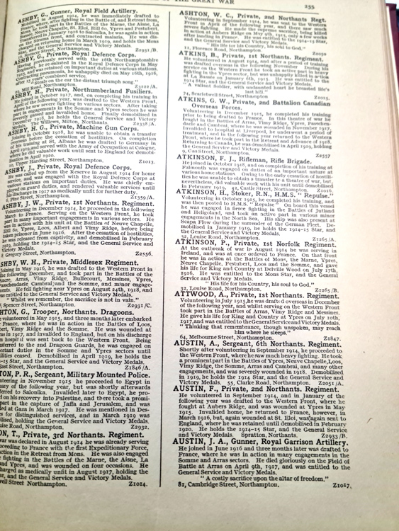 Names "As - Au" in the Northampton National Roll of the Great War 1914-1918 