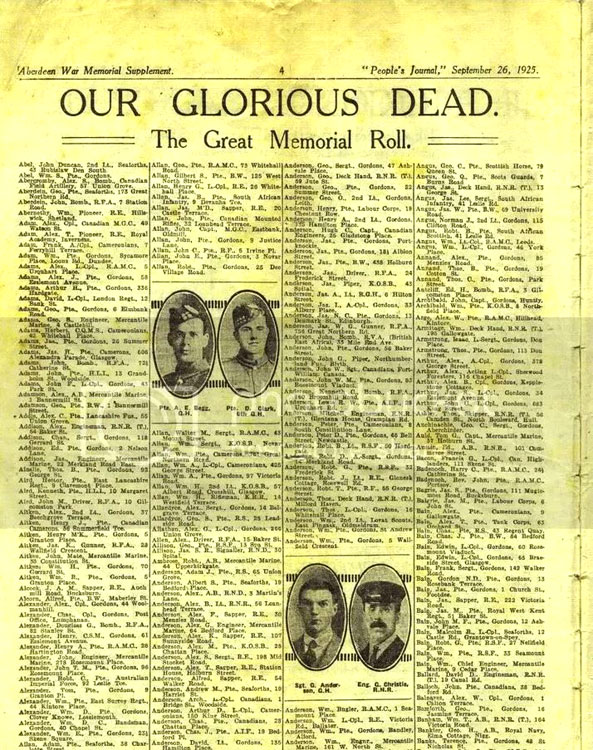 Memorial Roll from "The People's Journal" of 26 September 1925. 