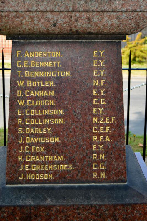 Tom Bennington's Name on the Aldbrough War Memorial 