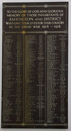 The three main panels of the First World War Memorial for Ashington in the Woddhorn Colliery Galleries.