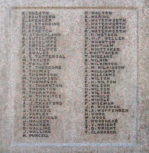 Fred Whittaker's and Thomas Wright's Names on the Barnoldswick War Memorial